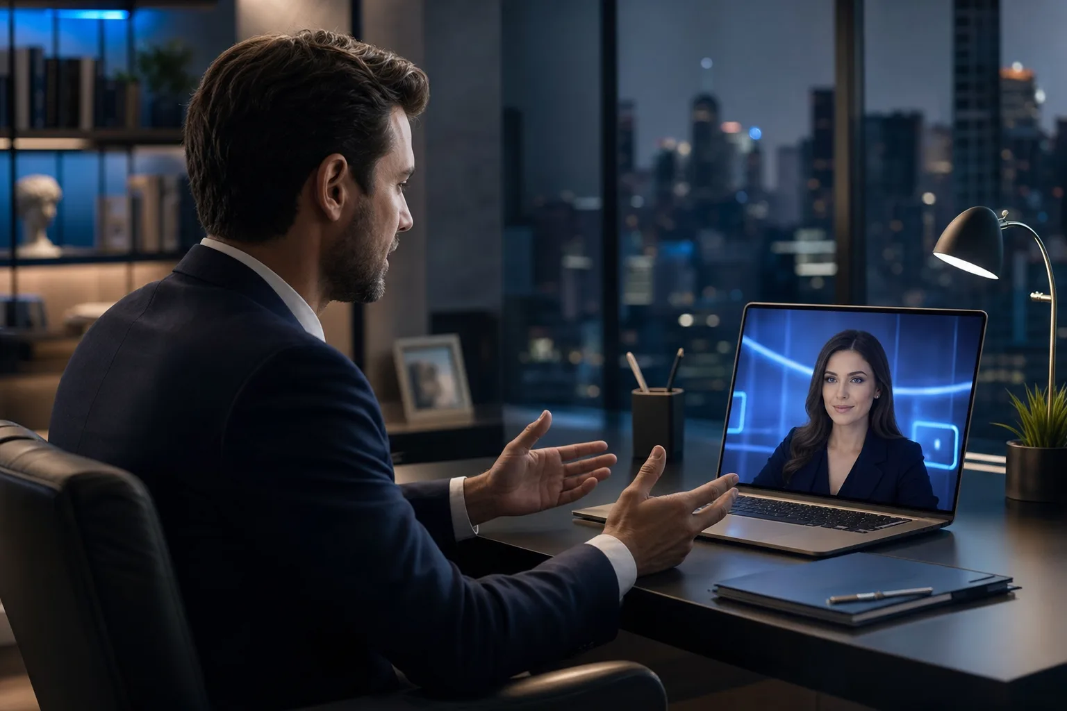 Attorney speaking with a visual AI concierge in a modern law office