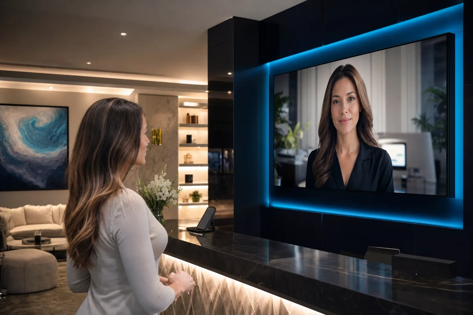 Med spa visitor speaking with a visual AI concierge
